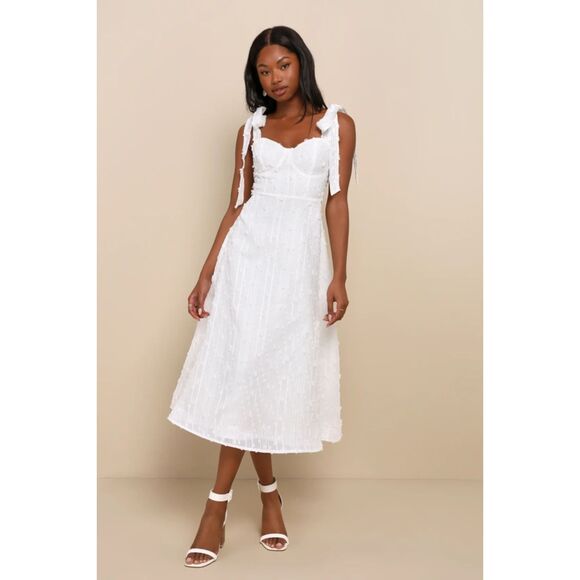 Lulus Glamorous Element White Lurex Tie-Strap Bustier Midi Dress Large Bride NWT - Picture 4 of 13